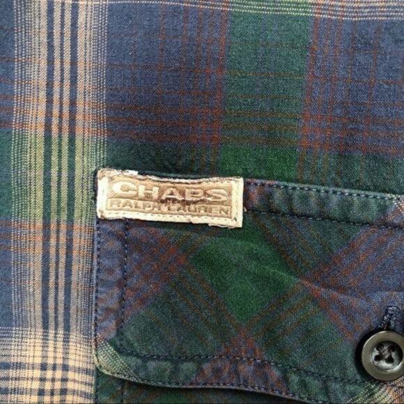 Chaps Mens Plaid Button Up Shirt Size M Blue & Green 100% Cotton Long Sleeve - Picture 6 of 8